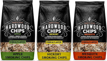 Fire & Flavor Premium All Natural Wood Chip Bundle for Smokers - Wood Chips for Smoking - Smoker Wood Chips - Smoker Accessories Gifts for Men and Women - 3 1.37 Lb Bags - Apple, Mesquite, Hickory