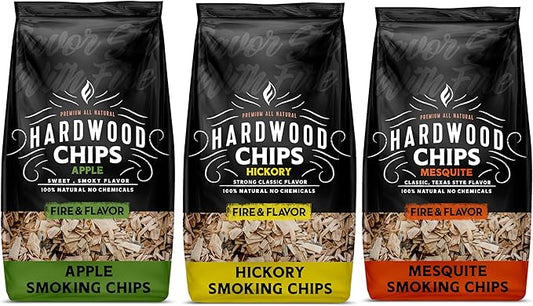Fire & Flavor Premium All Natural Wood Chip Bundle for Smokers - Wood Chips for Smoking - Smoker Wood Chips - Smoker Accessories Gifts for Men and Women - 3 1.37 Lb Bags - Apple, Mesquite, Hickory