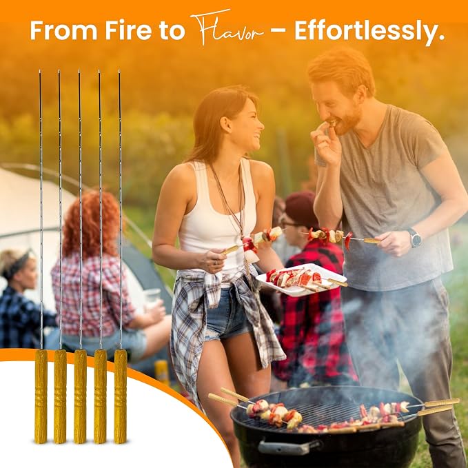 12 Metal Skewers with Wooden Handles, 16 inch BBQ Kabob