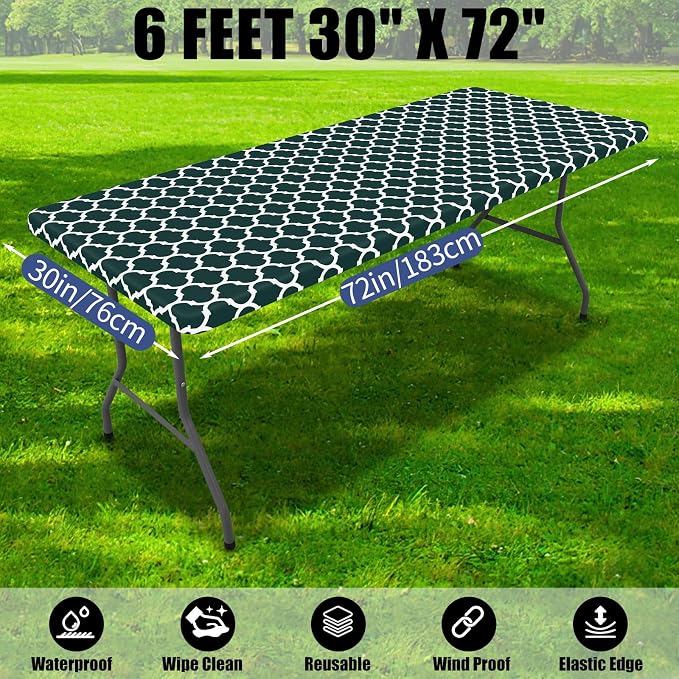 Smiry 2 Pack Rectangle Table Cloth 6 Foot, Waterproof Elastic Fitted Tablecloths, Windproof Washable Polyester Table Cover for Picnic, Camping, Outdoor (Hunter Green, 30"x72")
