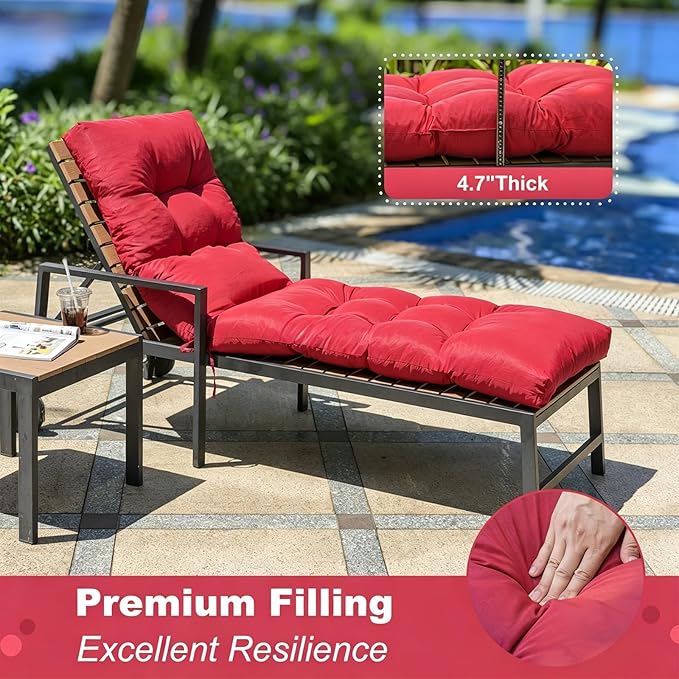Outdoor Lounge Chair Cushions, 74.4 x 22 x 4.7 Inches Waterproof Fade Resistant Patio Cushion for Chaise Lounger(Red)