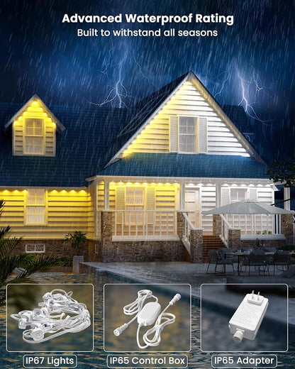Gefolly Permanent Outdoor Lights Pro, 100ft, 60 RGBW Light, 111 Scene Modes | Double-LED for Daily, Halloween, Christmas, IP67 Waterproof for Outdoor Decor, Works with Alexa, Google Assistant, White
