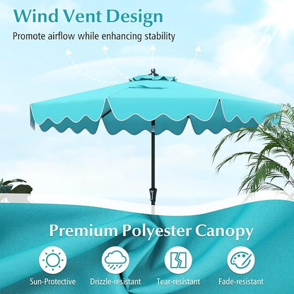Tangkula 9Ft Patio Umbrella with Crank, 2-Tier Outdoor Umbrella with Push Button Tilt, Sun-Protective Canopy, 8 Ribs, Scalloped Patio Umbrella for Outdoor Beach Deck Pool Table (Turquoise)