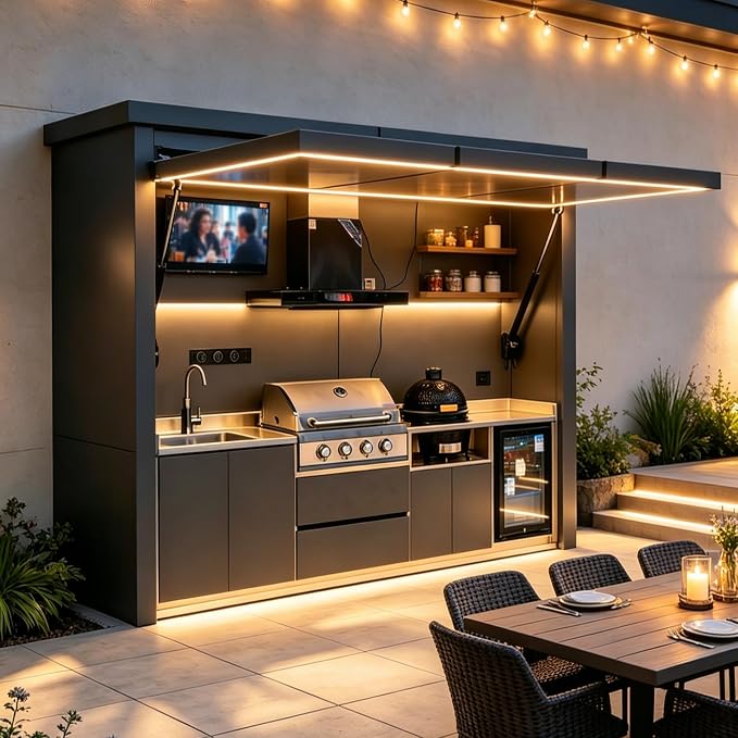 Luxury Prefab Outdoor Kitchen Island with Roof and Grill, Modular Outdoor Kitchen Pod with Sink Refrigerator Storage Cabinet, Backyard Patio BBQ Cooking Station for Outdoor Gatherings