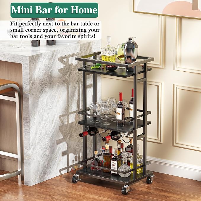 OKZEST 3-Tier Bar Cart for Home, Mini Rolling Liquor Cabinet & Serving Cart | Small alcohol coffee bar cart for party, Holds wine, liquor, beverage, glassware, shaker, coffee supplies, Rustic farmhouse
