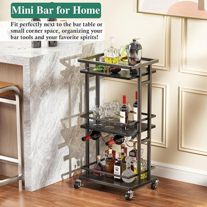 OKZEST 3-Tier Bar Cart for Home, Mini Rolling Liquor Cabinet & Serving Cart | Small alcohol coffee bar cart for party, Holds wine, liquor, beverage, glassware, shaker, coffee supplies, Rustic farmhouse