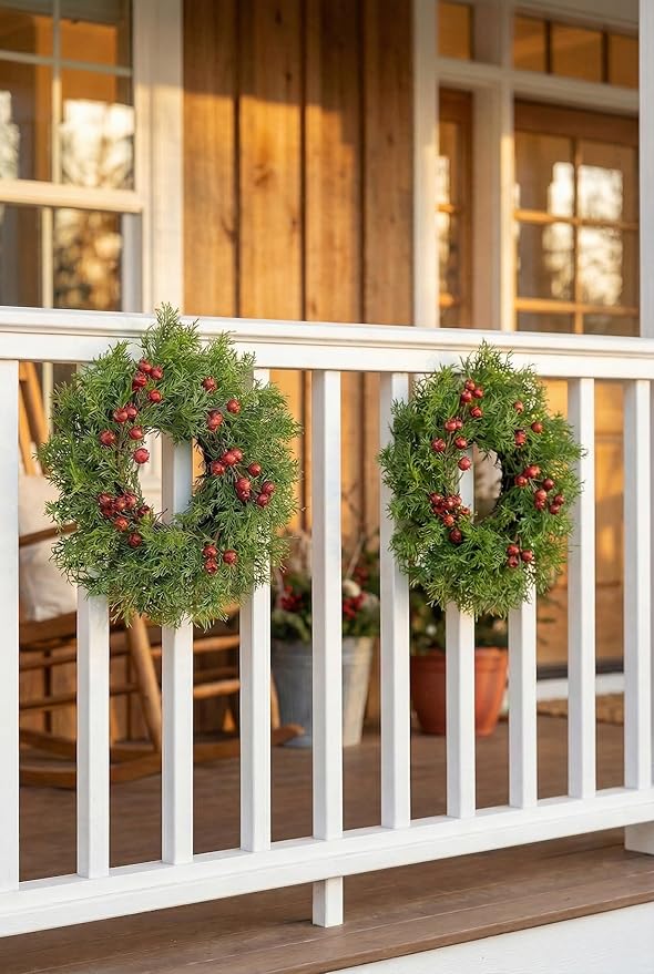 2 Pcs Christmas Candle Rings Wreaths, 10 Inch Candle Wreath with Artificial Red Berries and Cedar, Christmas Candle Holder Indoor Decor for Home Kitchen Cabinets Centerpieces for Tables