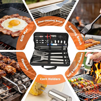 28PCS Stainless Steel BBQ Grill Accessories Set, Grilling Gifts for Men Birthday Father's Day, Portable Multifunction Grilling Utensils Tools Kit with Storage Bag for Outdoor Grill Camping BBQ Party