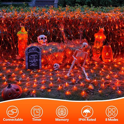 QITONG 360 LED Orange Christmas Net Light Outdoor, 12ft x 5ft Net Lights Outdoor Mesh Lights with 8 Modes, Clear Wire Thanksgiving Bush Light Plug in