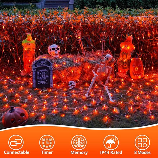 QITONG 360 LED Orange Christmas Net Light Outdoor, 12ft x 5ft Net Lights Outdoor Mesh Lights with 8 Modes, Clear Wire Thanksgiving Bush Light Plug in