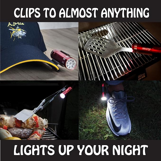 Clip-On LED Pocket Grill Light by BBQ Croc, 2-Pack, Hands-Free Mini Flashlight with Clip, Ultra-Bright 9 LED, Snaps to Hats Tools Shoes & More, Batteries Included