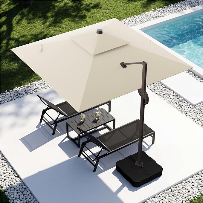 10x10FT Cantilever Outdoor Patio Umbrellas，Double Top Large Square Umbrella Heavy Duty 360°Rotation Offset Outdoor Sun Shade Umbrella for Garden Deck Pool Backyard Patio, Beige