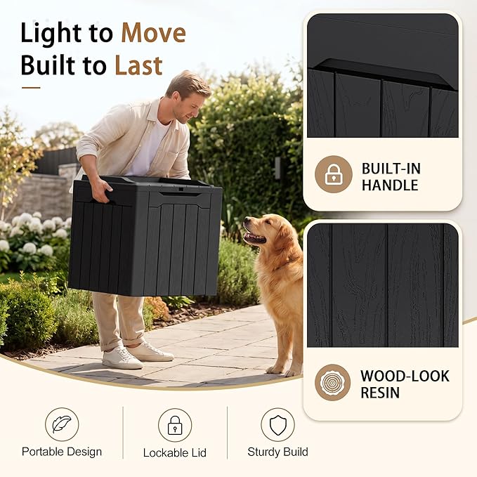 JUMMICO 31 Gallon Resin Deck Box Waterproof Indoor Outdoor Storage Boxes for Patio Furniture Cushions and Garden Tools (Black)
