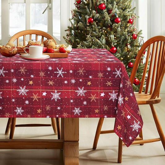 DWCN Christmas Checkered Tablecloth - Red Buffalo Plaid Snowflake Rectangle Table Cloths, Winter Farmhouse Table Decorations for Christmas Dinners, Holiday, Party, 60 x 120 Inch