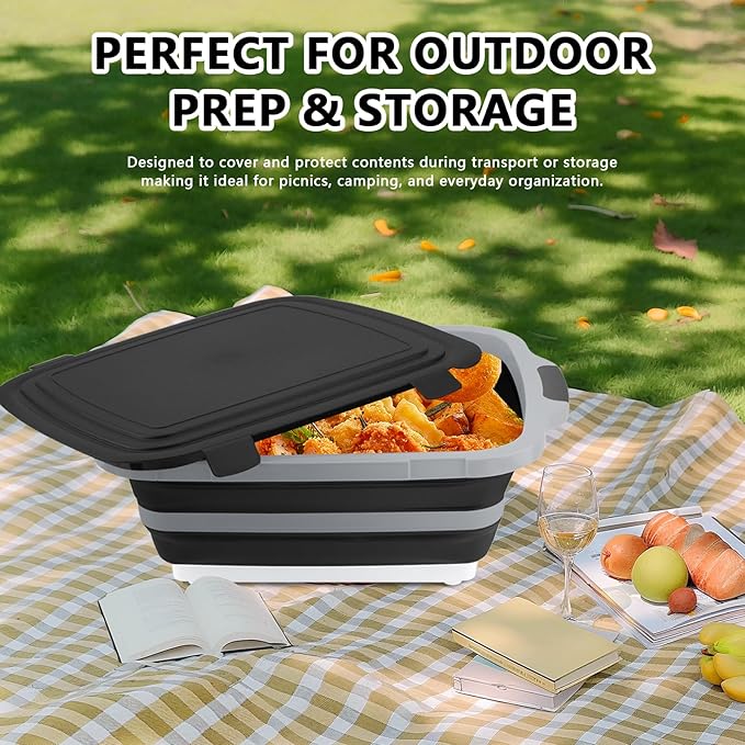XL Collapsible BBQ Prep Tub with Lid (4.22 Gal / 16L) – Foldable Cutting Board Basin, Camping Sink & Food Storage Bin, Multipurpose Dish Tub for Meat, Fruit, Vegetables – Black