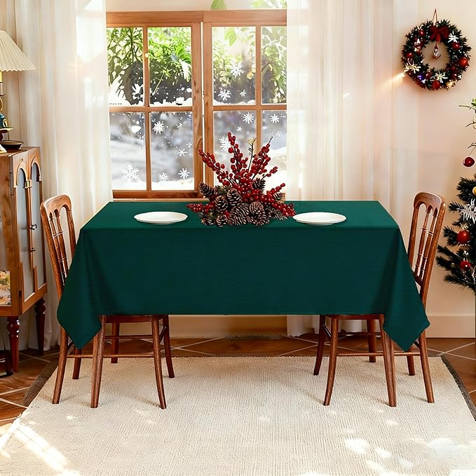 Seenus Textured Fabric Green Tablecloth Fits 6 Foot Rectangle Tables, Water Resistant & Wipeable Rectangular Table Cloth for 6-8 Seats Dinig Party Holiday Decoration, 60 x 84 Inch