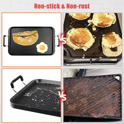 Vayepro 2 Burner Griddle Pan with Glass Lid, Stove Top Flat for Glass Stove Top, Aluminum Pancake, Non-Stick for Gas Grill, Double Burner Camping