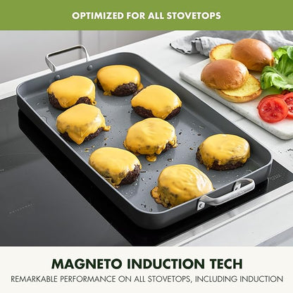 GreenPan Valencia Pro Ceramic Nonstick 18" x 11" Double Burner Griddle Pan, Hard Anodized PFAS-Free, Induction Ready Cookware, Compatible on All Cooktops, Dishwasher Safe, Oven Safe to 600F, Gray