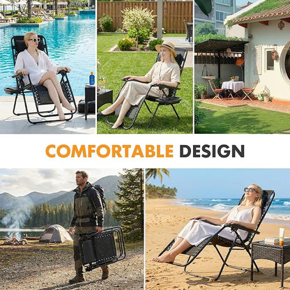 NEWBULIG Zero Gravity Chair Set of 2, Lounge Chair Folding Portable Adjustable Camping Reclining Chairs with Adjustable Pollow, Mesh Back, Cup Holder Trays Lawn Patio Chair for Pool Beach