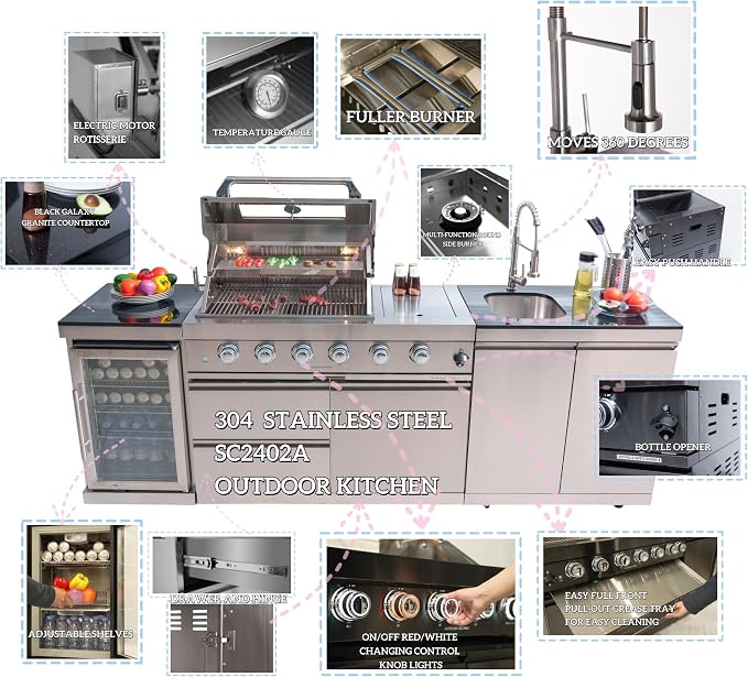 Outdoor Grill Islands 98.4" 4-Burner: 72000 BTU Outdoor bbq Island with Refrigerator Rotisserie kit Stainless steel Sink and Storage | Easy Setup