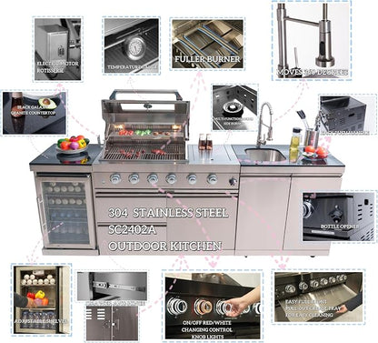 Outdoor Grill Islands 98.4" 4-Burner: 72000 BTU Outdoor bbq Island with Refrigerator Rotisserie kit Stainless steel Sink and Storage | Easy Setup