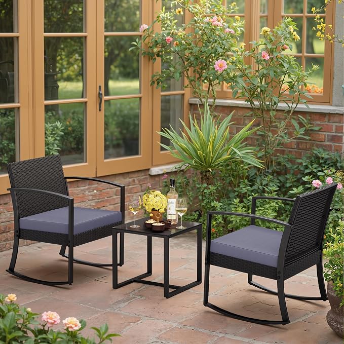 Greesum 3 Pieces Outdoor Furniture Set Patio Bistro Rocking Chairs with Glass Coffee Table for Pool Beach Backyard Balcony Porch Deck Garden, Gray