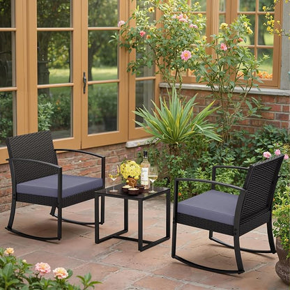 Greesum 3 Pieces Outdoor Furniture Set Patio Bistro Rocking Chairs with Glass Coffee Table for Pool Beach Backyard Balcony Porch Deck Garden, Gray