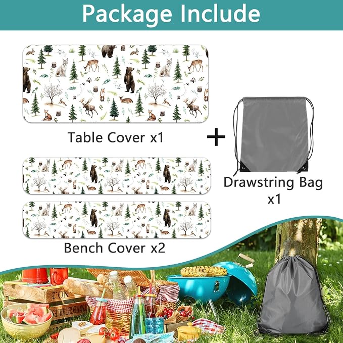 Picnic Table Cover with Bench Covers, Camping Essentials, Funny Rustic Woodland Animals Dear Beer Fox Table Cover Waterproof Fitted Tablecloth Cover with Elastic Edge for Outdoor 3 PCS 30x60 Inch