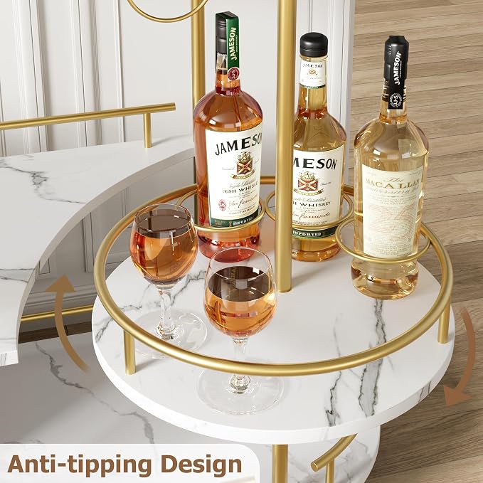 GarveeHome 3-Tier Bar Cart on Wheels, Mobile Serving Cart with Wine Rack and Glass Holder, Metal Kitchen Utility Cart for Coffee Station, Mini Home Bar, Dining Room - Gold+White