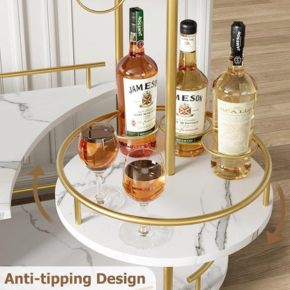 GarveeHome 3-Tier Bar Cart on Wheels, Mobile Serving Cart with Wine Rack and Glass Holder, Metal Kitchen Utility Cart for Coffee Station, Mini Home Bar, Dining Room - Gold+White
