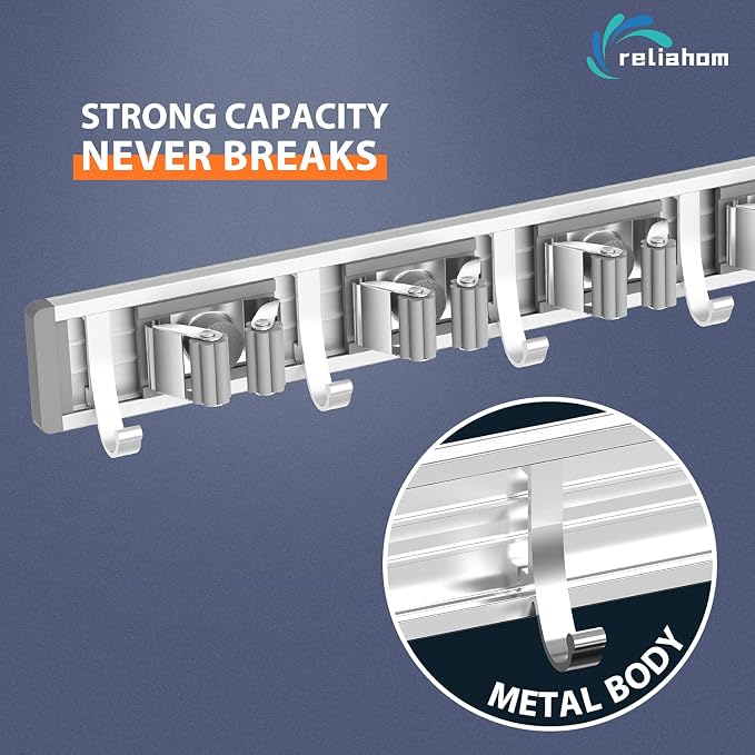 reliahom Broom Holder Wall Mount Mop Hanger Tools organizer 4Racks 5Hooks | Adjustable Mop Broom Wall Hanging Heavy duty Tools Storage Rack Space-saving for Garage,Kitchen,Laundry Room,Garden, Silver