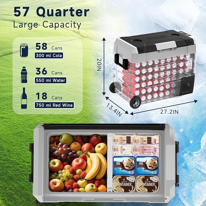 AS Car Fridge Portable 12V Refrigerator 58 Quart Electric Cooler with 12/24V DC&110-240V AC for Truck Van RV Camper SUV, Portable Freezer with Wheels for Camping Boat Travel, -4~68°F (55L)