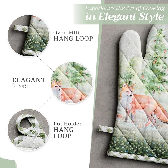 Maison d' Hermine 100% Cotton Oven Mitt & Pot Holder Set (7.5"x13" & 8"x8") | Heat Resistant BBQ Cooking Gloves with Loop Baking Grilling Kitchen Home Farmhouse Thanksgiving Christmas - Winter Mornings