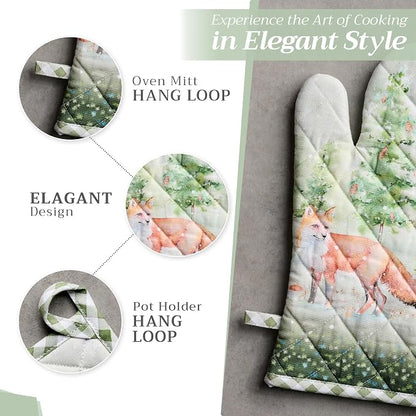 Maison d' Hermine 100% Cotton Oven Mitt & Pot Holder Set (7.5"x13" & 8"x8") | Heat Resistant BBQ Cooking Gloves with Loop Baking Grilling Kitchen Home Farmhouse Thanksgiving Christmas - Winter Mornings