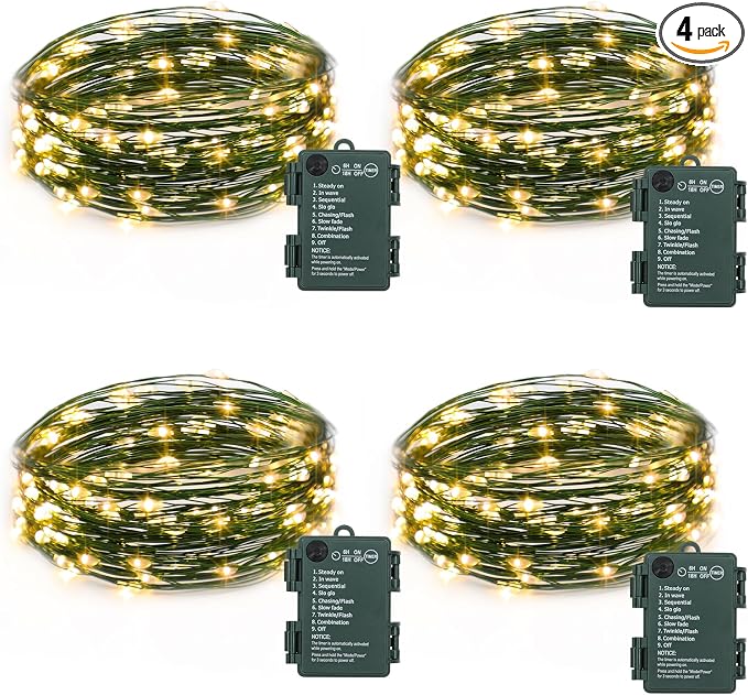 4 Pack Green Wire Fairy Lights Battery Operated Twinkle Lights | 16.4 Ft 50 LED Battery Christmas Lights Waterproof with Auto Timer 8 Modes for Xmas Wreath Tree Decor, Warm White