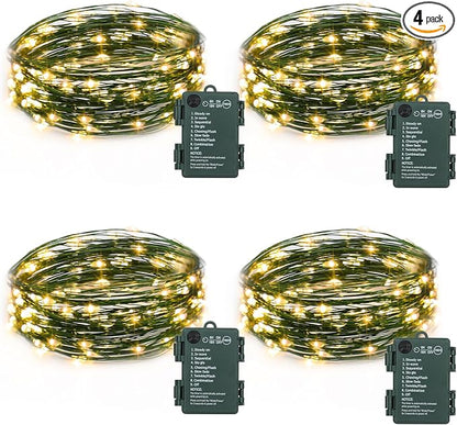 4 Pack Green Wire Fairy Lights Battery Operated Twinkle Lights | 16.4 Ft 50 LED Battery Christmas Lights Waterproof with Auto Timer 8 Modes for Xmas Wreath Tree Decor, Warm White