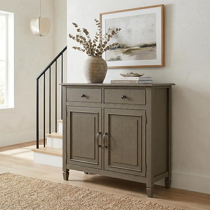 SIMPLIHOME Connaught 40" Wide Solid Wood Cabinet in Farmhouse Grey | Traditional slim entryway and living room organizer for hats, gloves, shoes and keys with space-saving storage design.