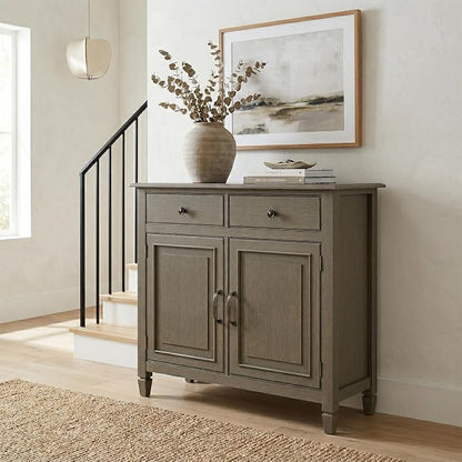 SIMPLIHOME Connaught 40" Wide Solid Wood Cabinet in Farmhouse Grey | Traditional slim entryway and living room organizer for hats, gloves, shoes and keys with space-saving storage design.