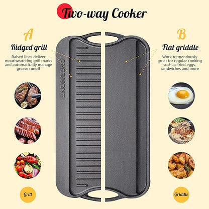 Overmont Reversible Cast Iron Grill Griddle Pan, Pre-Seasoned 17 x 9.8 Inch Dual-Sided Griddle Double Burner Cookware with Handles for Gas Grill, Stovetop, Oven, Campfire, Scrapers Included