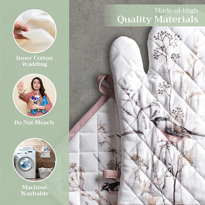 Maison d' Hermine 100% Cotton Oven Mitt & Pot Holder Set (7.5"x13" & 8"x8") Heat Resistant BBQ Cooking Gloves with Loop Baking Kitchen Hotel Home Farmhouse Spring Summer (Meadow Florals - Brown)