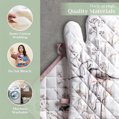 Maison d' Hermine 100% Cotton Oven Mitt & Pot Holder Set (7.5"x13" & 8"x8") Heat Resistant BBQ Cooking Gloves with Loop Baking Kitchen Hotel Home Farmhouse Spring Summer (Meadow Florals - Brown)