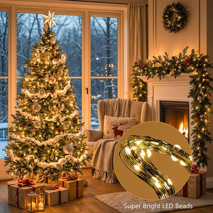 4 Pack Green Wire Fairy Lights Battery Operated Twinkle Lights | 16.4 Ft 50 LED Battery Christmas Lights Waterproof with Auto Timer 8 Modes for Xmas Wreath Tree Decor, Warm White