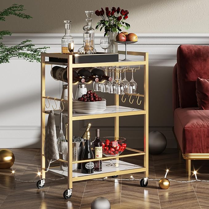 TUTOTAK Bar Cart with Wheels, Drink Cart with Wine Rack and Glass Holder | 3-Tier 23.7 Inch Wide Home Bar Serving Carts, Small Mobile Kitchen Shelf with 6 Hooks, Marble Gold BC01BMG030