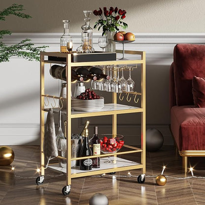 TUTOTAK Bar Cart with Wheels, Drink Cart with Wine Rack and Glass Holder | 3-Tier 23.7 Inch Wide Home Bar Serving Carts, Small Mobile Kitchen Shelf with 6 Hooks, Marble Gold BC01BMG030