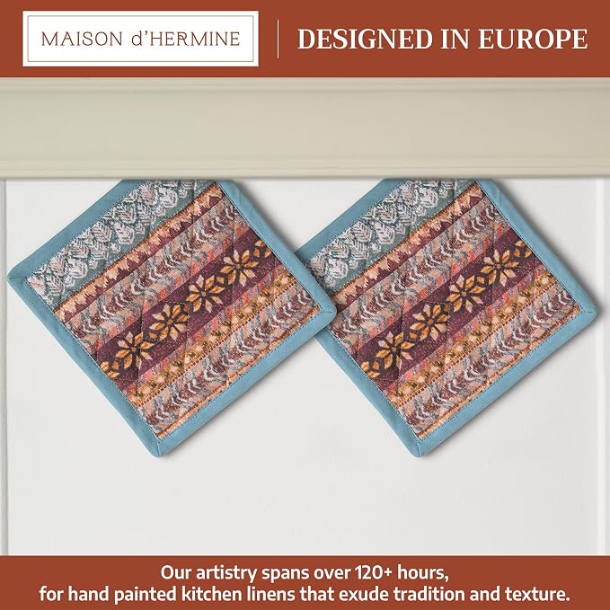 Maison d' Hermine Pot Holders 100% Cotton Potholders (8" x 8", Pack of 2) | Heat Resistant Hot Pads with Loop BBQ Cooking Baking Hotel Kitchen Handling Hot Pans Thanksgiving Christmas - Fair Isle