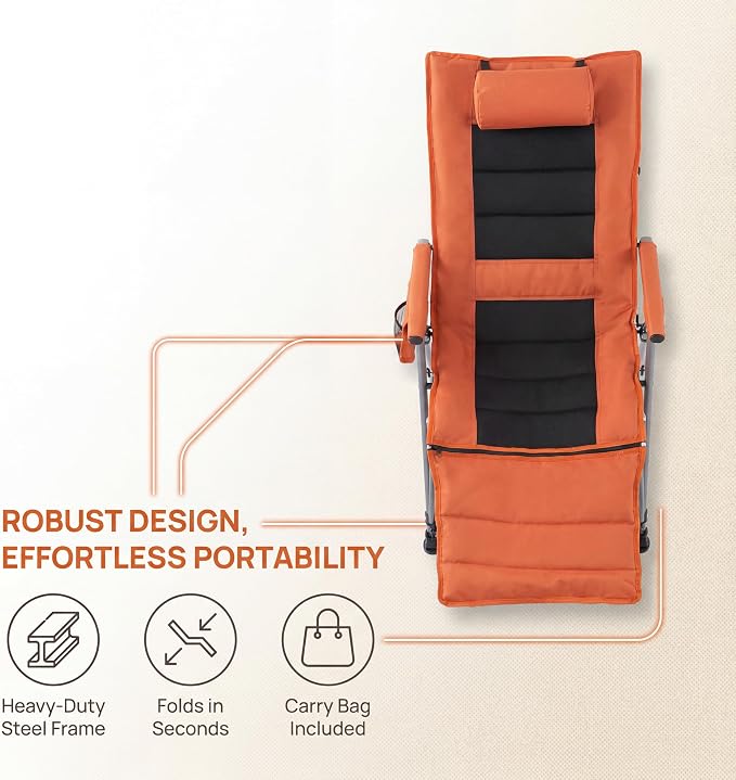 Adjustable Folding Beach Chair, Portable Camping Chair for Adults with Footrest, Reclining Outdoor Chair with Cup Holder & Pocket, Foldable Low Beach Chair for Camping, Picnic, Travel, Orange