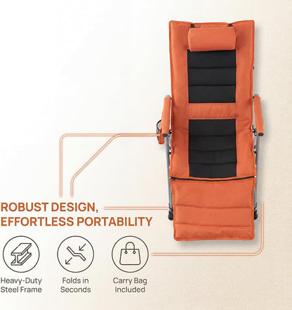 Adjustable Folding Beach Chair, Portable Camping Chair for Adults with Footrest, Reclining Outdoor Chair with Cup Holder & Pocket, Foldable Low Beach Chair for Camping, Picnic, Travel, Orange