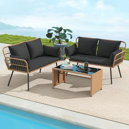 Tangkula Patio Wicker Loveseat, Outdoor 2-Seater PE Rattan Sofa with Pillows, Cushions, Metal Frame & Adjustable Foot Pads, 660 lbs Outside Couch for Porch, Backyard & Poolside (Black, 50.5" L)