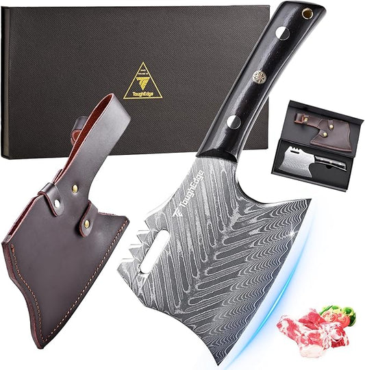 Damascus Meat Cleaver, Serbian Chef`s Knife, 7.58" 73 Layers Steel Blade Kitchen Bone Chopping Axe Hatchet, Ebony Wood Handle, Premium Leather Sheath and Gift Box included