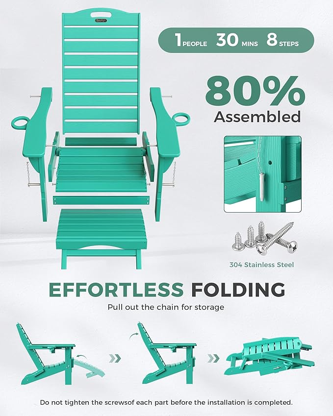 Adjustable Adirondack Chairs Set of 6 with Retractable Ottoman, HDPE Folding Adirondack Chair with Cup Holders, Weather Resistant for Backyard, Poolside & Fire Pit (Lake Blue)